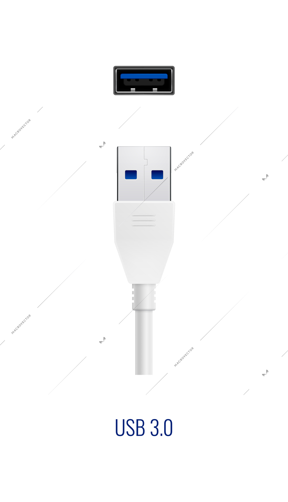 Composition with realistic image of white usb 3.0 connector plug and port for wired connection vector illustration