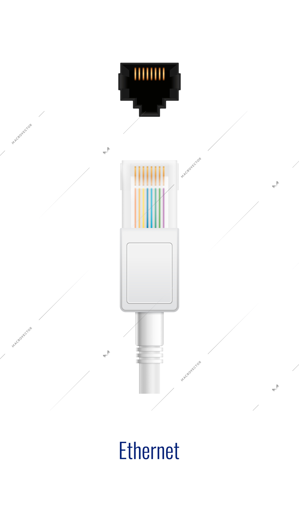 Composition with realistic image of white ethernet rj-45 connector plug and port for wired connection vector illustration