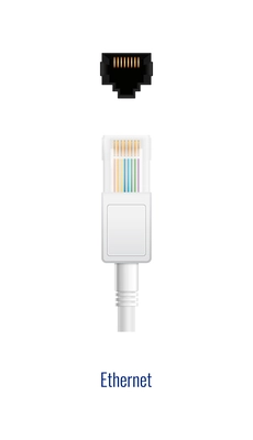 Composition with realistic image of white ethernet rj-45 connector plug and port for wired connection vector illustration