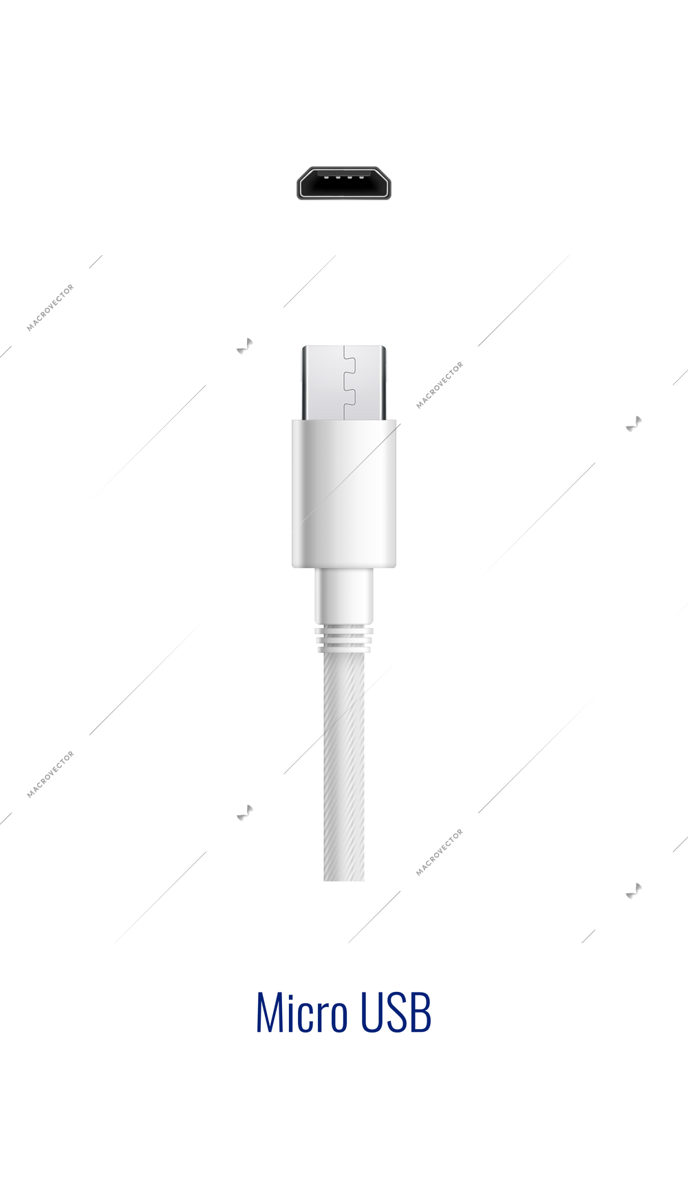 Composition with realistic image of white micro usb connector plug and port for wired connection vector illustration