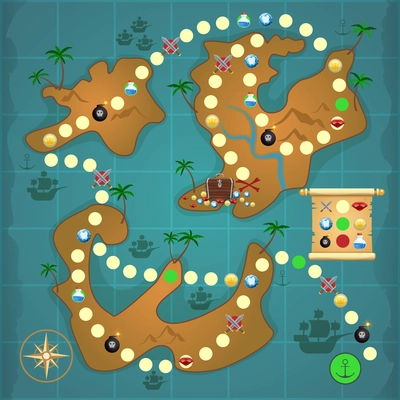 Pirate treasure island map game puzzle template vector illustration.