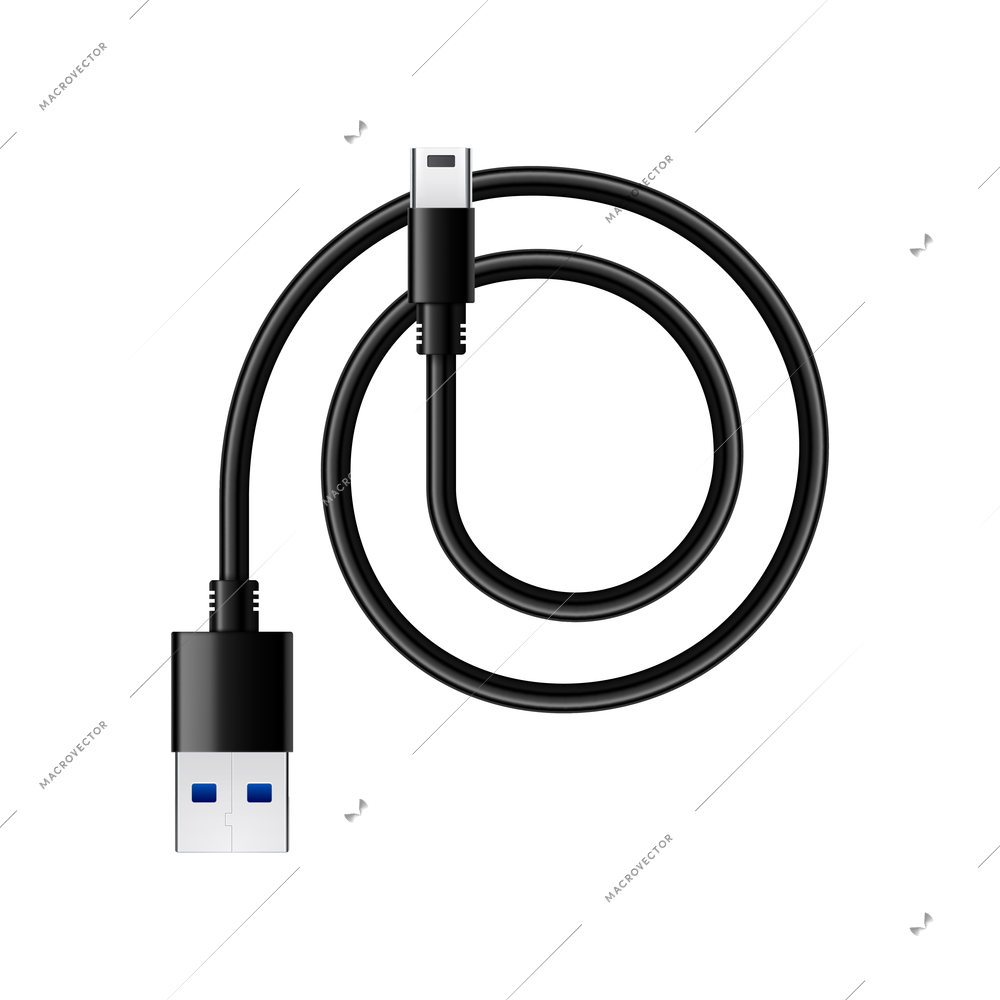 Composition with realistic image of usb 3.0 charging cable for mobile devices vector illustration