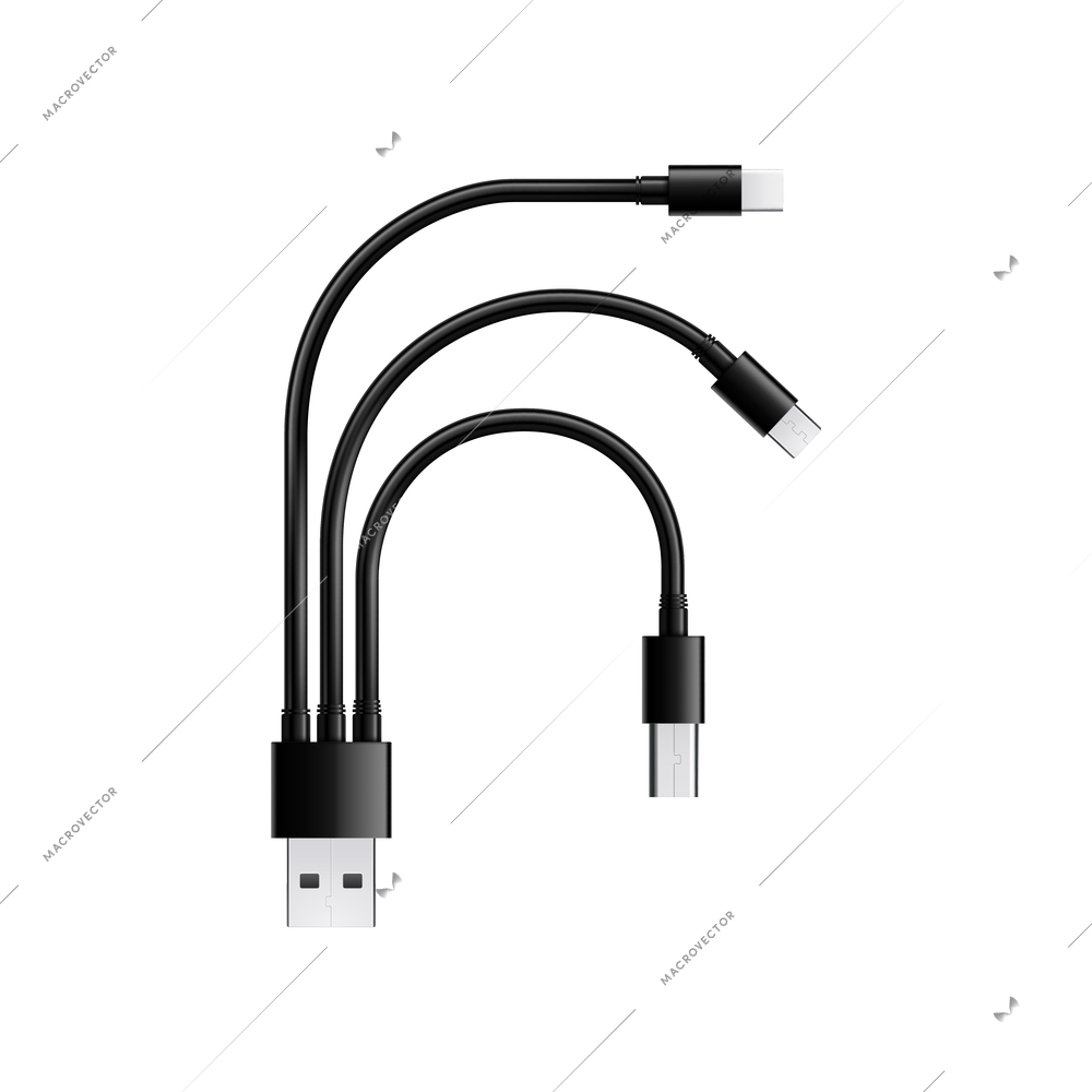 Composition with realistic image of cable adapter with multiple plugs usb types for mobile devices vector illustration