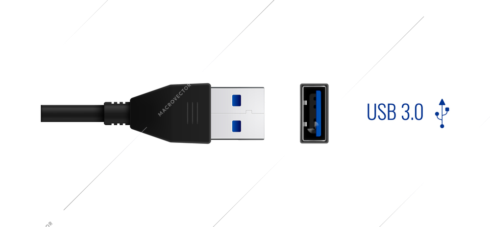 Composition with realistic image of usb 3.0 connector plug and port for wired connection vector illustration