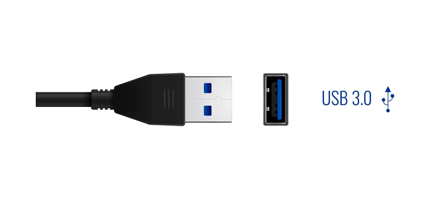 Composition with realistic image of usb 3.0 connector plug and port for wired connection vector illustration