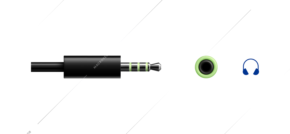 Composition with realistic image of audio minijack connector plug and port for headphone connection vector illustration