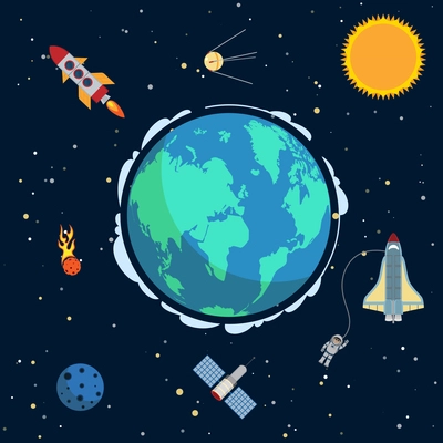 Earth in space poster with globe and spacecrafts and  satellites on orbit vector illustration