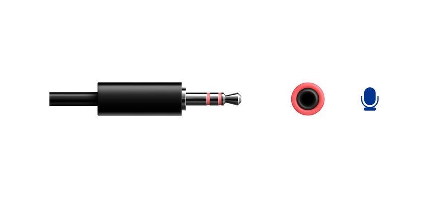 Composition with realistic image of minijack connector plug and port for microphone connection vector illustration