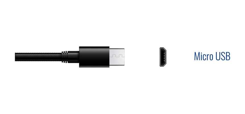 Composition with realistic image of micro usb connector plug and port for wired connection vector illustration