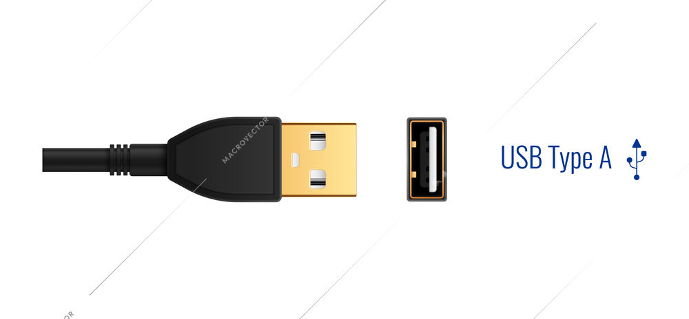 Composition with realistic image of usb type a connector plug and port for wired connection vector illustration