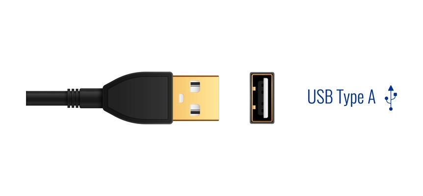 Composition with realistic image of usb type a connector plug and port for wired connection vector illustration