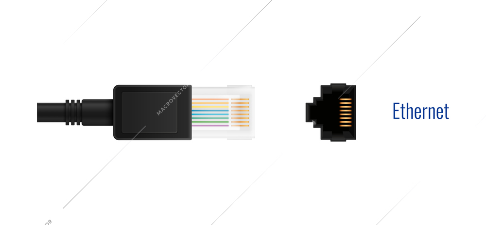 Composition with realistic image of ethernet rj-45 connector plug and port for wired connection vector illustration