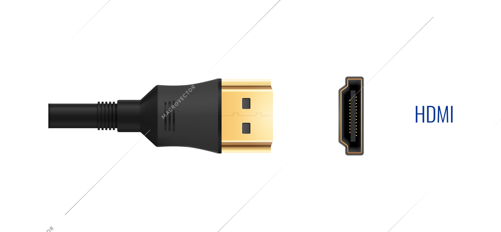 Composition with realistic image of hdmi connector plug and port for wired connection vector illustration