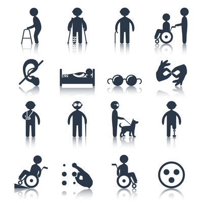 Disabled people care assistance and facilities black icons set isolated vector illustration