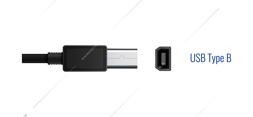 Composition with realistic image of usb type b connector plug and port for wired connection vector illustration