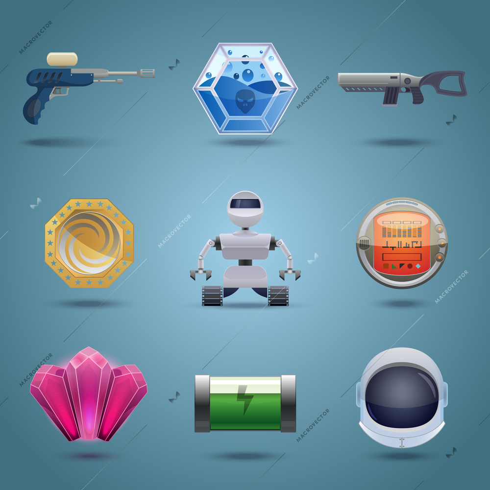 Space computer game play elements icons set isolated vector illustration