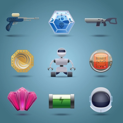 Space computer game play elements icons set isolated vector illustration