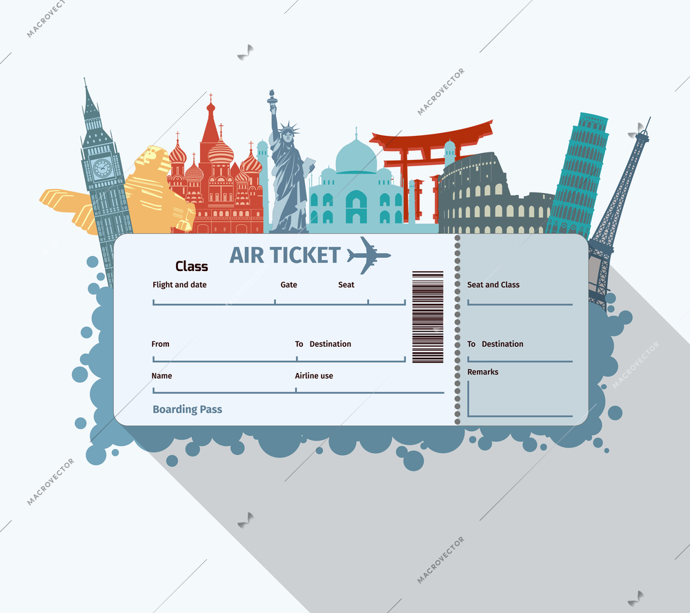 Airplane travel ticket with world famous landmarks icons vector illustration