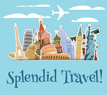 World landmarks sticker icons set with sky scrapbook background vector illustration