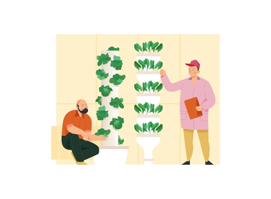 Agriculture flat composition with two men looking after greenhouse plants isolated vector illustration