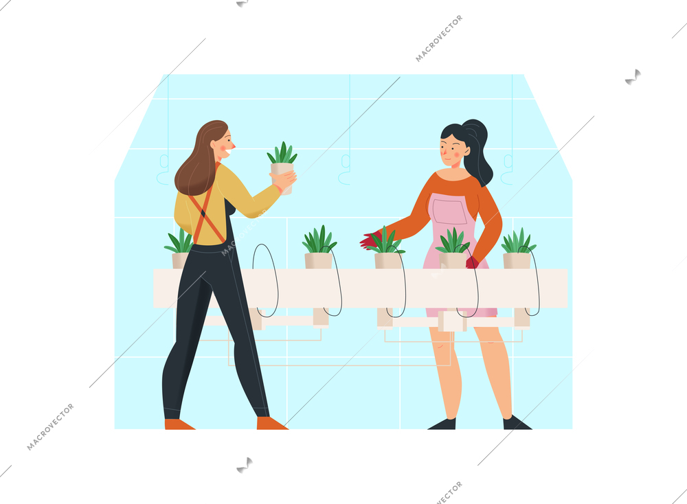 Agriculture flat composition with two women looking after greenhouse plants isolated vector illustration