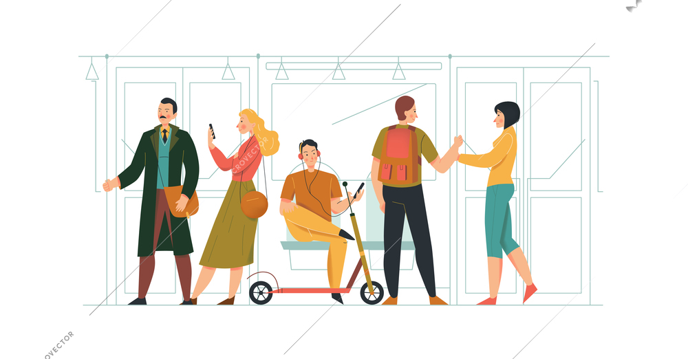 Public transport concept composition with characters of city bus passengers flat isolated vector illustration