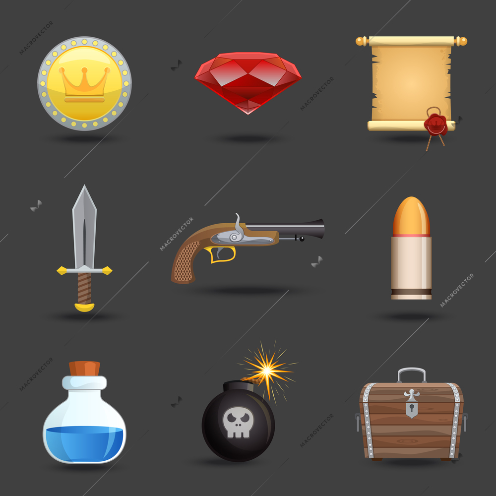 Game resources play elements icons set isolated vector illustration