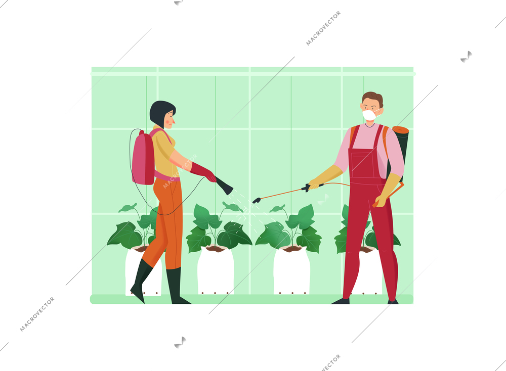 Agriculture flat composition with men and women looking after greenhouse plants isolated vector illustration