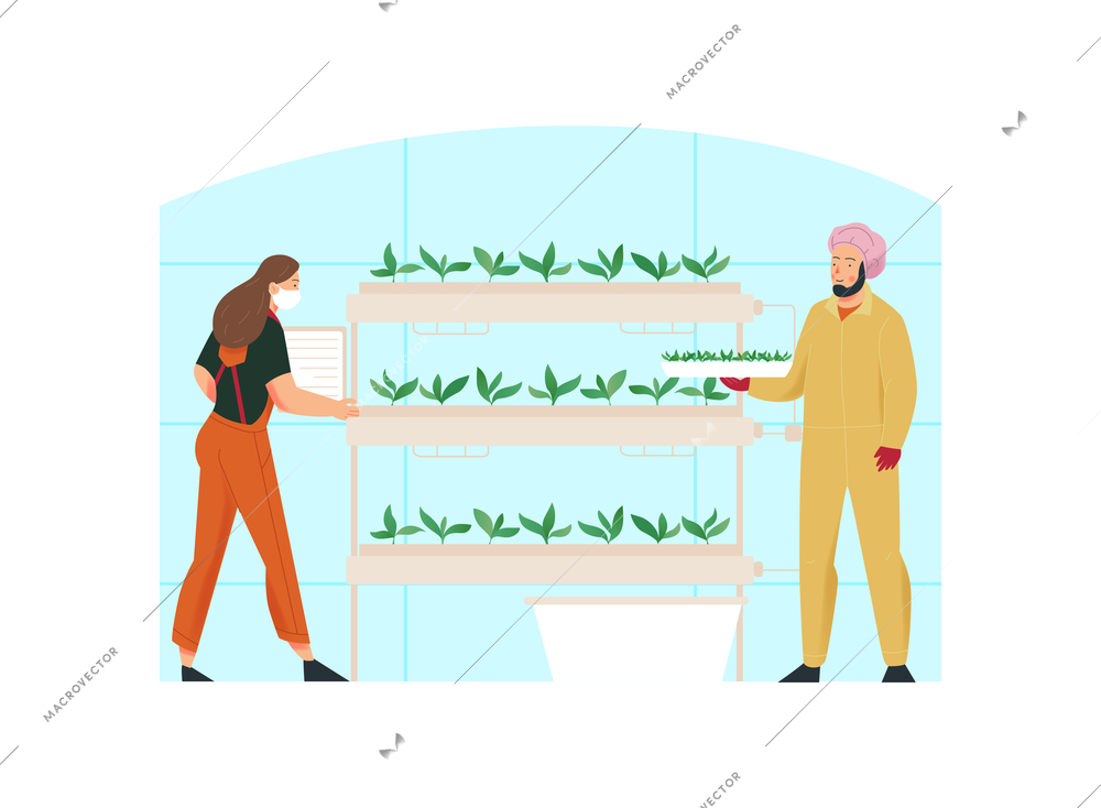 Agriculture flat composition with men and women looking after greenhouse plants isolated vector illustration