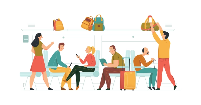 Public transport concept composition with characters of regional train passengers flat isolated vector illustration