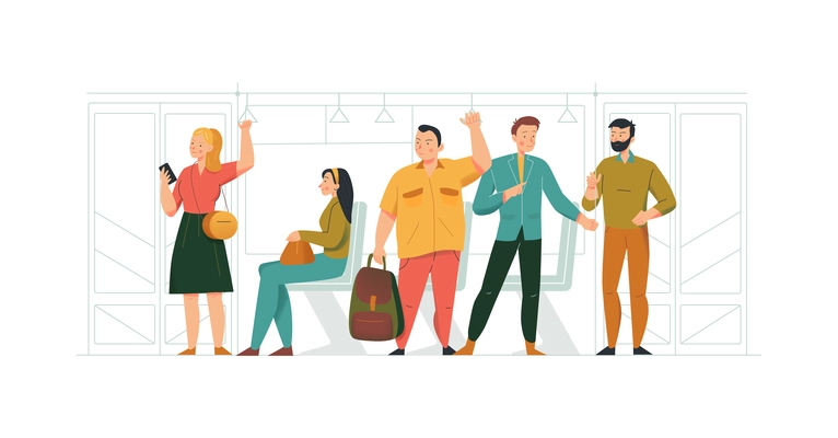 Public transport concept composition with doodle characters of passengers inside the bus flat isolated vector illustration