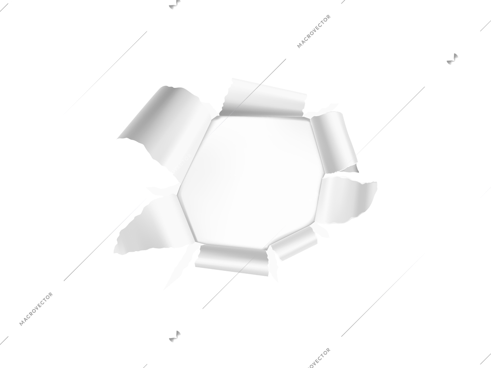 Realistic composition with white torn paper hole on transparent background isolated vector illustration
