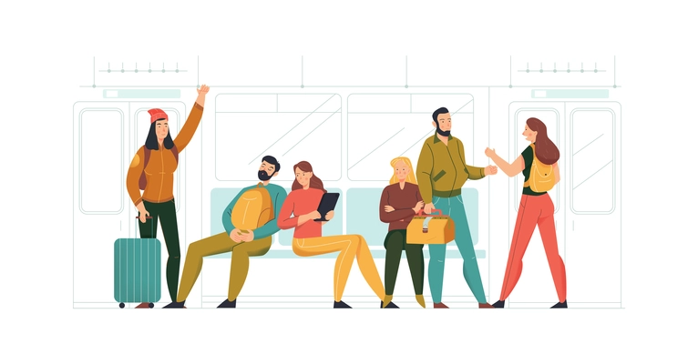 Public transport concept composition with doodle characters of passengers inside the train flat isolated vector illustration