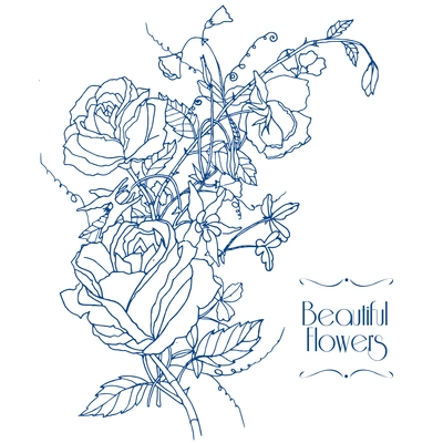 Beautiful roses aquilegia and sweet scented pea cottage garden flowers bunch bridal card outline sketch vector illustration