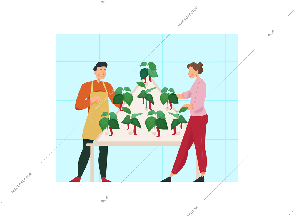 Agriculture flat composition with men and women looking after greenhouse plants isolated vector illustration