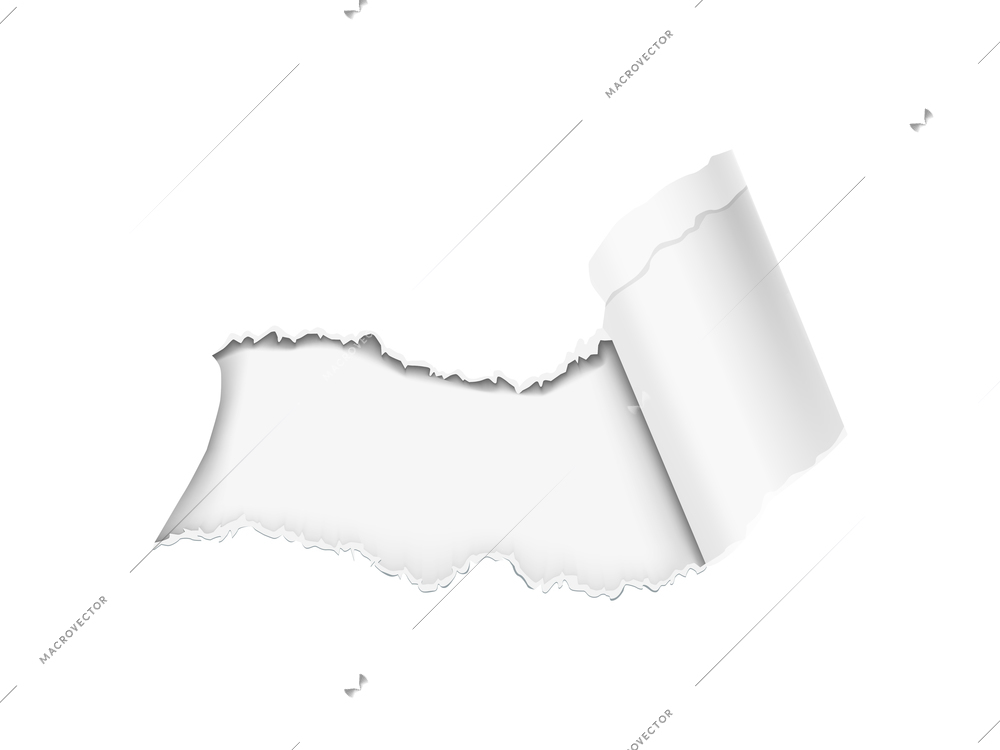 Realistic composition with white torn paper hole on transparent background isolated vector illustration