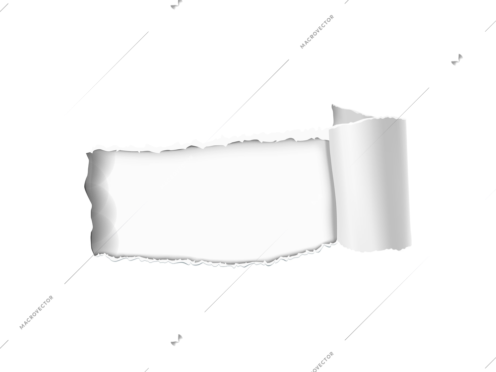 Realistic composition with white torn paper hole on transparent background isolated vector illustration