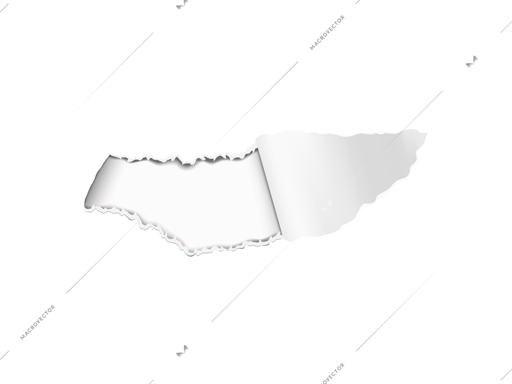 Realistic composition with white torn paper hole on transparent background isolated vector illustration