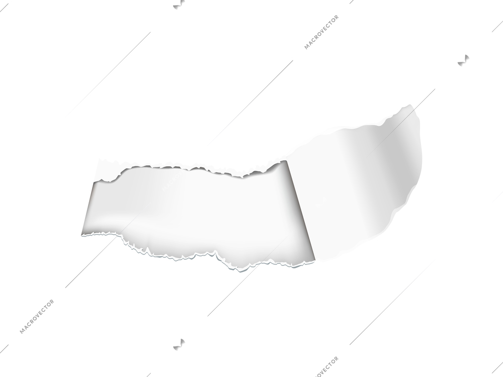 Realistic composition with white torn paper hole on transparent background isolated vector illustration