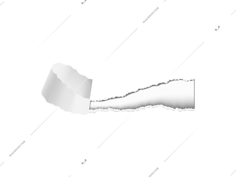 Realistic composition with white torn paper hole on transparent background isolated vector illustration