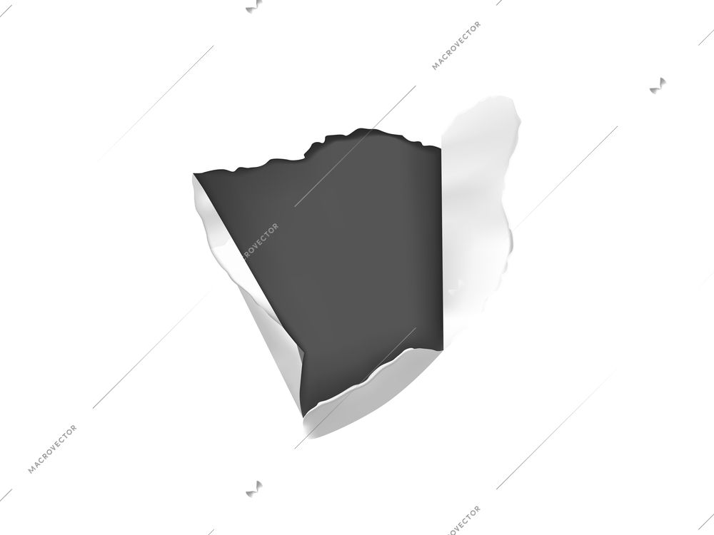 Realistic composition with white torn paper hole on dark background isolated vector illustration