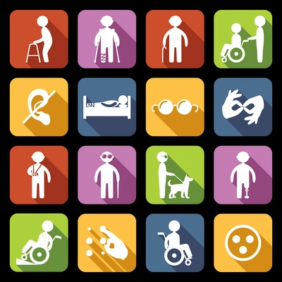 Disabled people help flat icons set isolated vector illustration