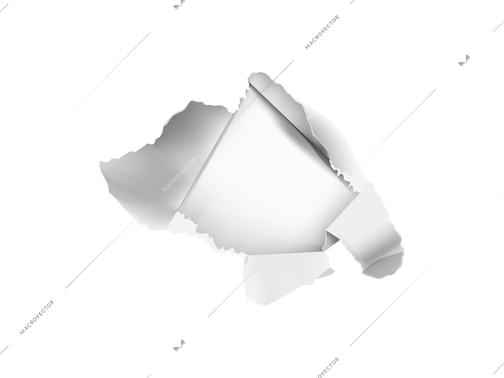 Realistic composition with white torn paper hole on transparent background isolated vector illustration