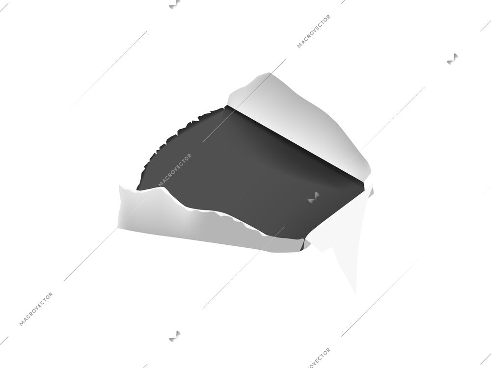 Realistic composition with white torn paper hole on dark background isolated vector illustration