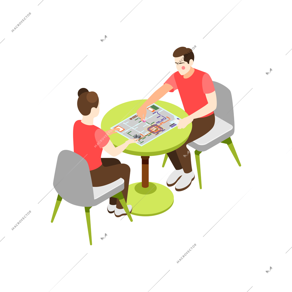 Board games isometric icons composition with couple sitting at table playing game vector illustration
