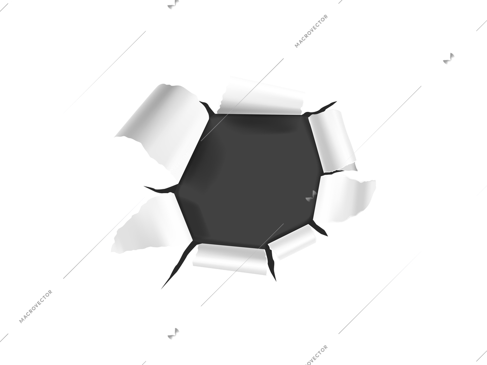 Realistic composition with white torn paper hole on dark background isolated vector illustration