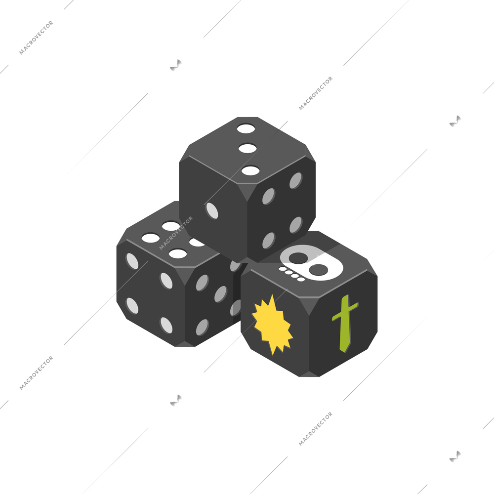 Board games isometric icons composition with three black dices for gaming vector illustration