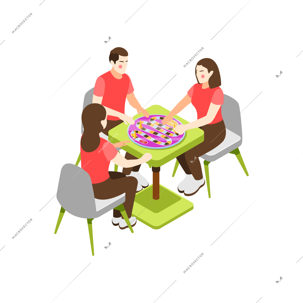 Board games isometric icons composition with three friends sitting at table playing game vector illustration