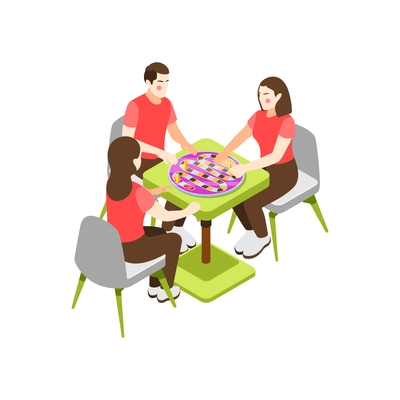 Board games isometric icons composition with three friends sitting at table playing game vector illustration