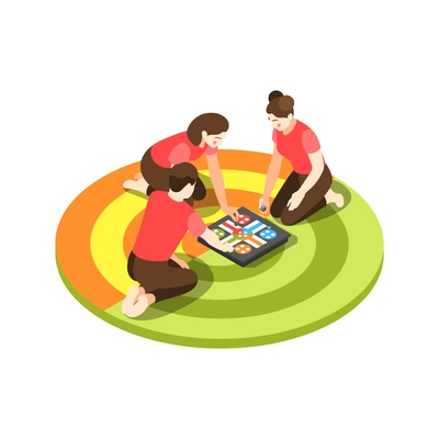 Board games isometric icons composition with group of friends playing game on floor vector illustration